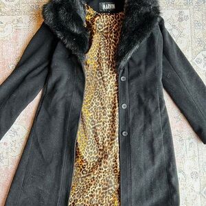 Black Wool Coat with Faux Fur Collar - Black